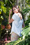 Pijama de pantalón de flores + camiseta marfil santolina-9872